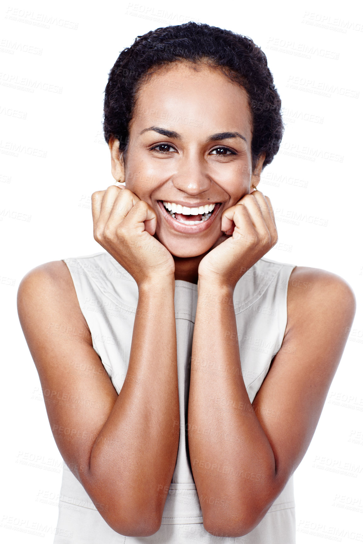 Buy stock photo Smile, confident and portrait of business black woman in studio isolated on white background. Face, model or happy employee with clean, healthy teeth or pride for dental care results or oral hygiene