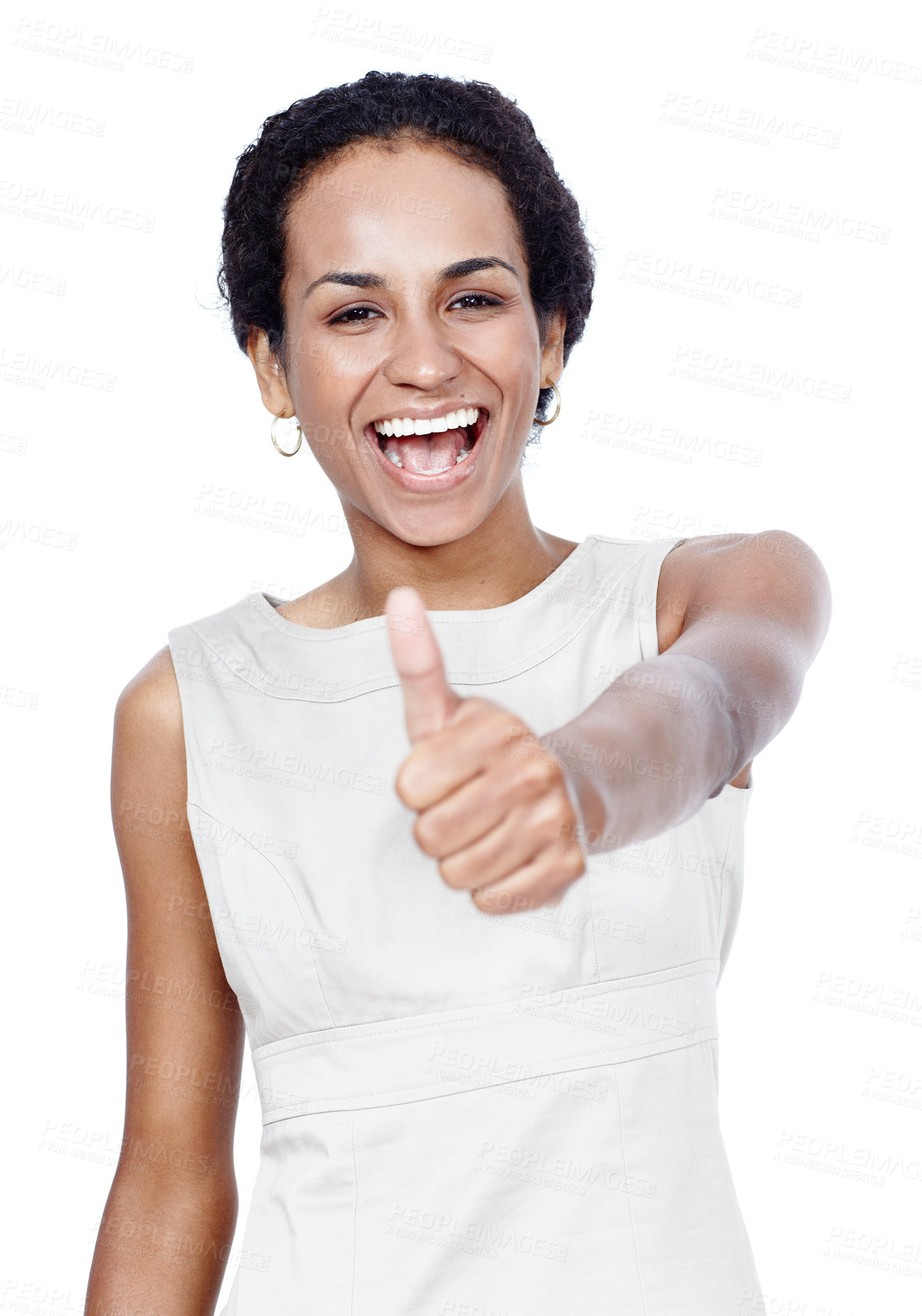 Buy stock photo Portrait, thumbs up and woman with smile, feedback and person isolated on white studio background. Face, happy girl and model with hand gesture, emoji and expression with like symbol, sign and icon