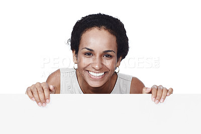 Buy stock photo Confident, portrait and black woman in studio, smile and happy in corporate, secretary and law firm. White background, employee and professional for agency, proud and receptionist in business and USA