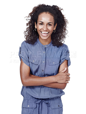 Buy stock photo Studio portrait of a smiling young woman isolated on white