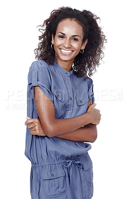 Buy stock photo Studio portrait of a smiling young woman isolated on white