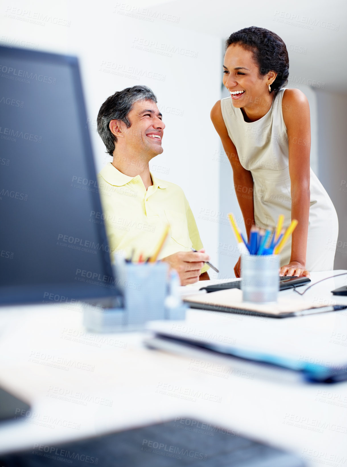 Buy stock photo Employees, laugh and friends talking in office, feedback and collaboration on project management. Business people, planning and coworkers joke in workplace, teamwork and speaking for tasks at agency