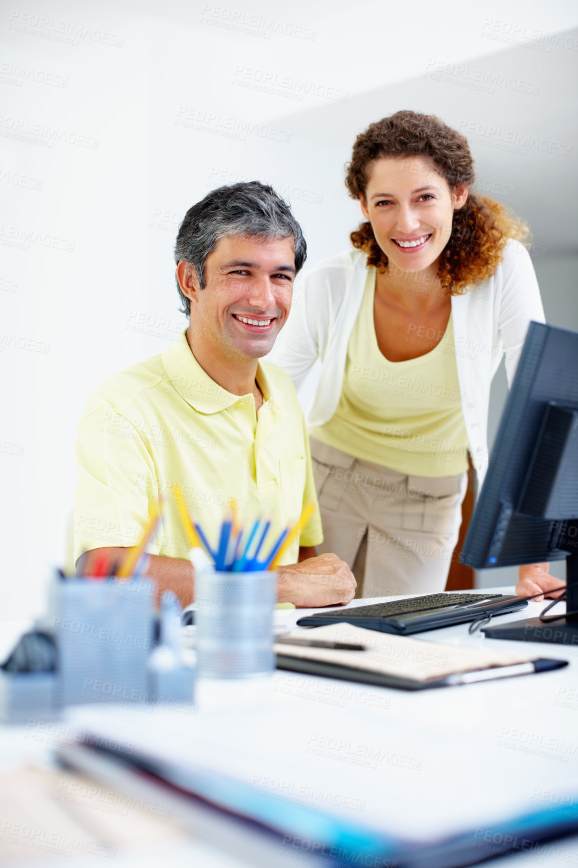 Buy stock photo Smile, portrait and people at computer for business, planning and teamwork in agency. Real estate, man and woman at desk for support, partnership and startup owners at tech for scheduling appointment