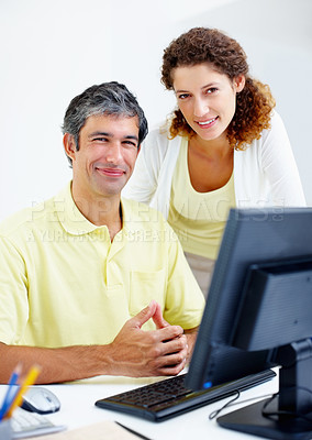 Buy stock photo Portrait of male and female executives smiling at work