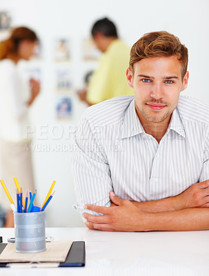 Buy stock photo Portrait, ambitious and man with smile in office, confident or journalist with vision in business. Proud, reporter and excited for internship in newsroom, happy or creative for storytelling of person