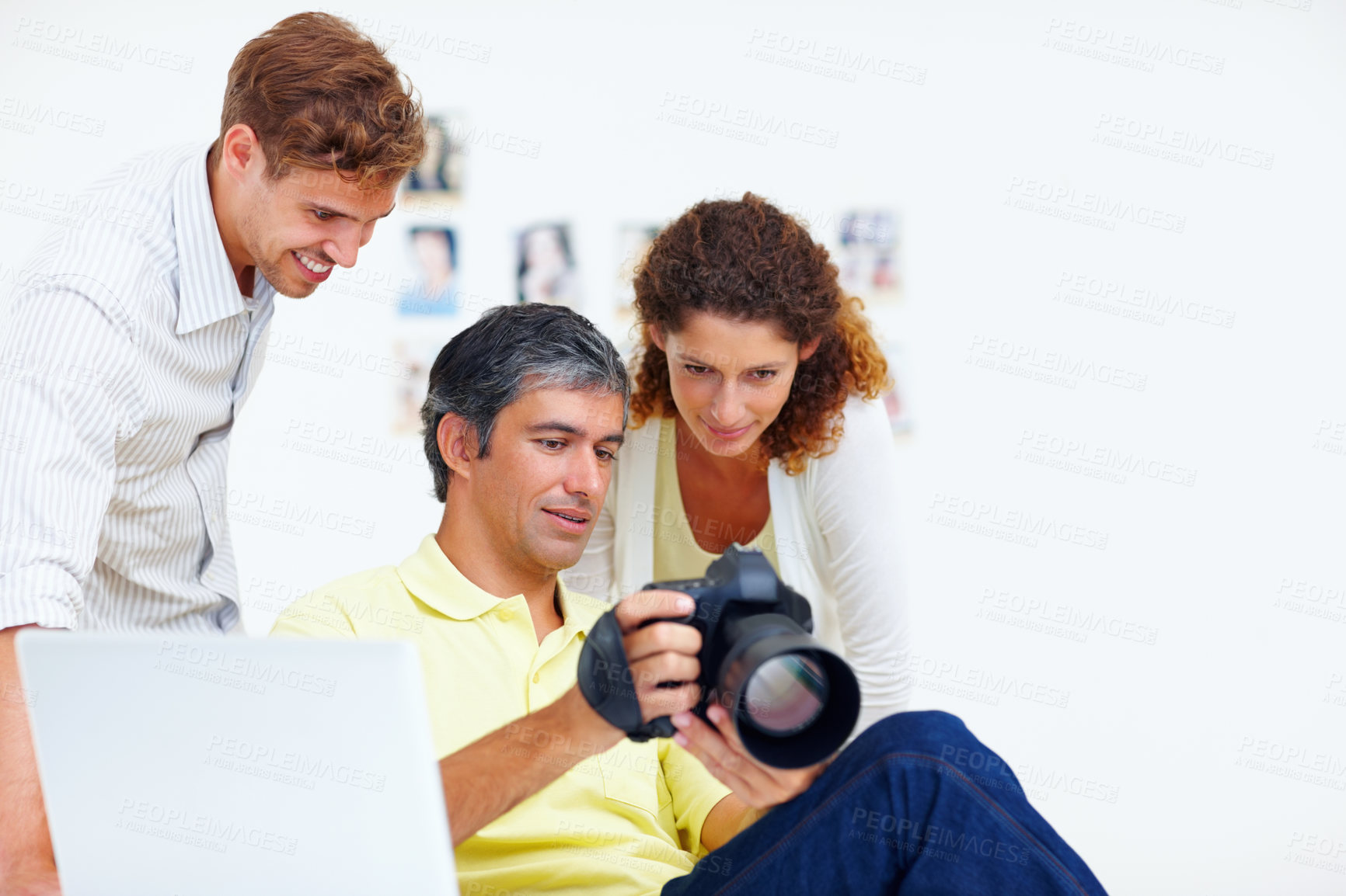 Buy stock photo Team, staff and camera for photography in office, review pictures and creative business. People, talking and feedback on lens in media production with editing image and support for digital art