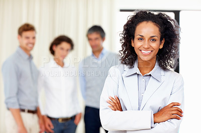 Buy stock photo Business woman with hands folded and team in background