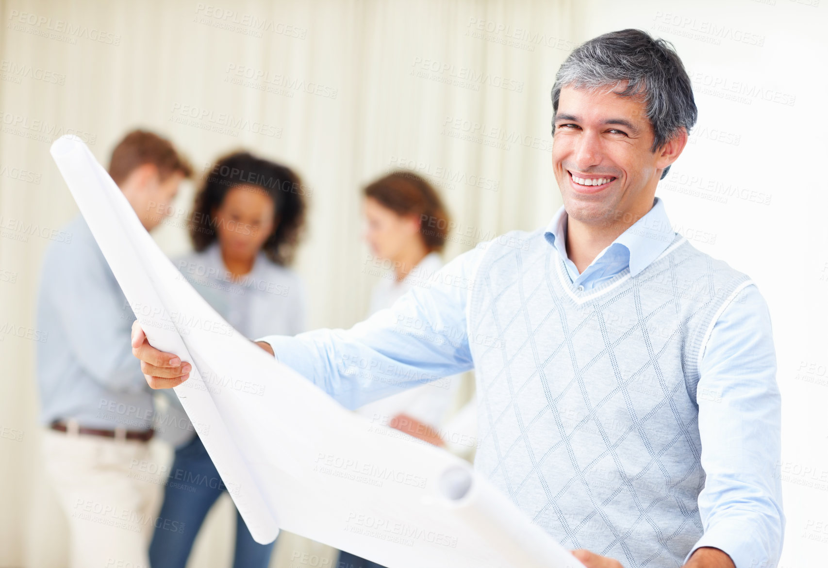 Buy stock photo Portrait, smile and man with blueprint, architect and plans for renovation, inspection and pride. Face, group and employee with paperwork, real estate and property development with engineering skills