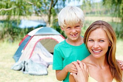 Buy stock photo Portrait, camping and mother with son, tent and happiness with vacation, bonding together and fun. Face, family and single parent with boy, kid and smile with childhood, nature and getaway trip