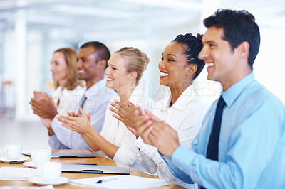 Buy stock photo Portrait of multi racial executives clapping after successful presentation