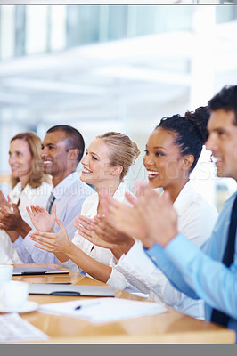 Buy stock photo Applause, conference and business people in seminar, workshop or meeting for diversity, equality and corporate success smile. Clapping, thank you and support sign for presentation in business meeting