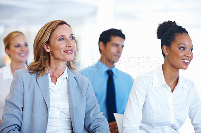 Buy stock photo Portrait of multi racial business people sitting at seminar