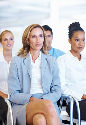 Buy stock photo Portrait of dedicated multi racial business group during meeting