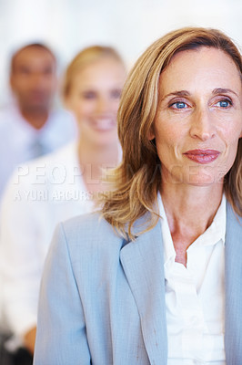 Buy stock photo Business people, seminar and woman with corporate training, workshop and teamwork. Group, audience and employees with cooperation, listen and conference with collaboration, presentation or convention