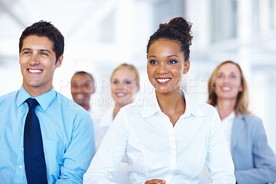 Buy stock photo Business people, seminar and smile with corporate training, workshop and teamwork. Group, audience and employees with diversity, cooperation and conference with collaboration, tradeshow and happiness