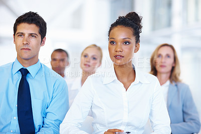 Buy stock photo Portrait of multi racial business people in presentation