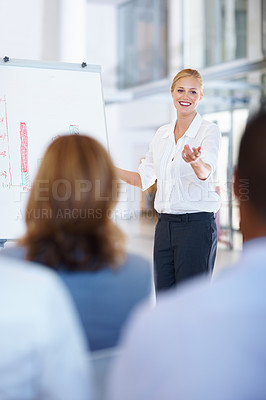 Buy stock photo Portrait of beautiful business woman giving presentation to group