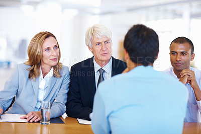 Buy stock photo Portrait of successful business panel conducting an interview