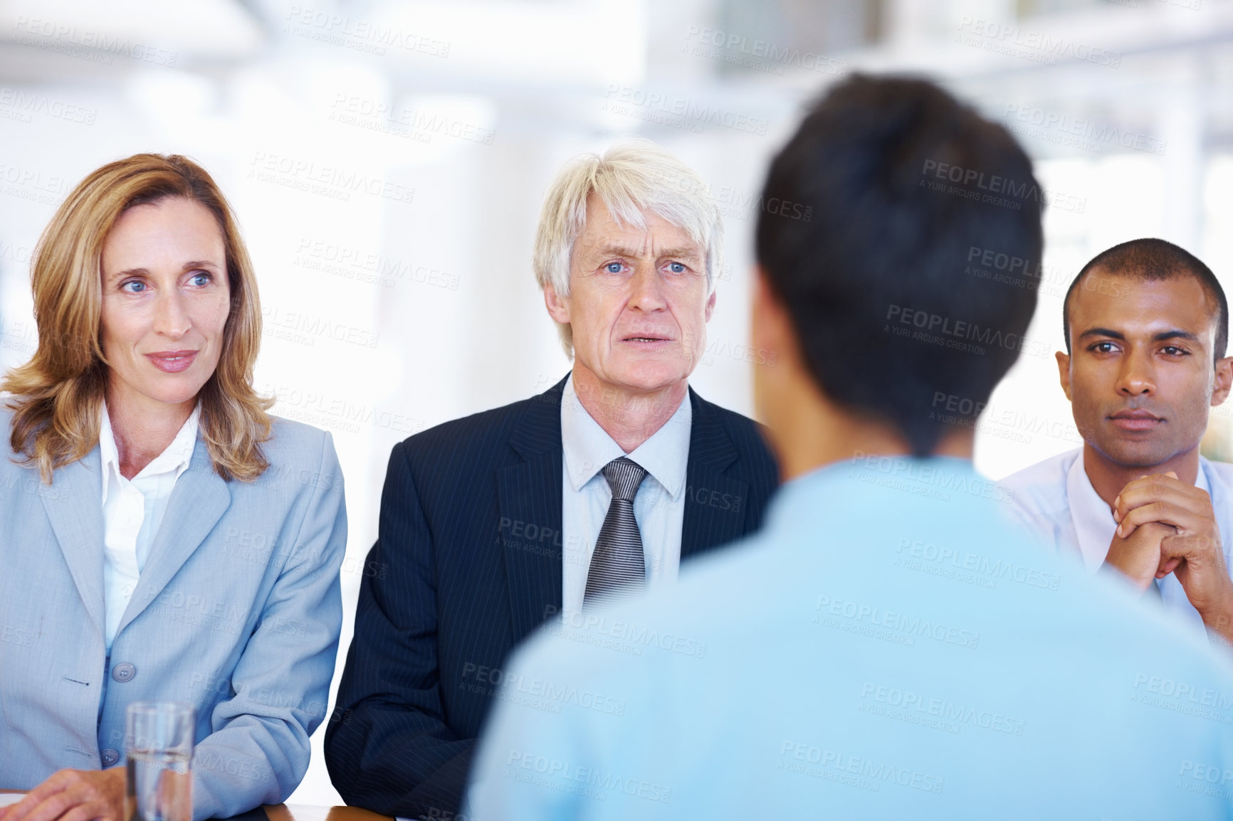 Buy stock photo Team, business people and job seeker in office for interview, questions and hiring process for corporate. Interviewer, human resources staff or candidate in boardroom for recruitment, answer or intro