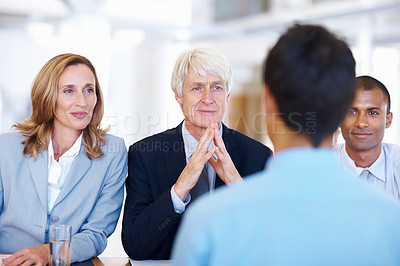 Buy stock photo Portrait of impressed business panel taking interview of applicant