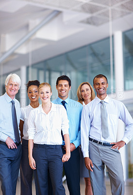 Buy stock photo Portrait of multi ethnic business team smiling together at office