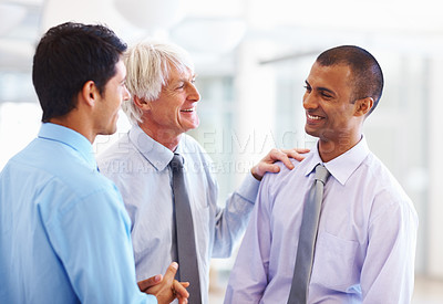 Buy stock photo Portrait of business men having happy time while discussing with each other