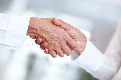Buy stock photo Closeup of two business men shaking hands with each other