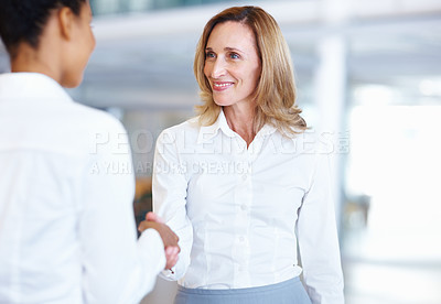Buy stock photo Portrait of smiling mature female executive shaking hands with business woman