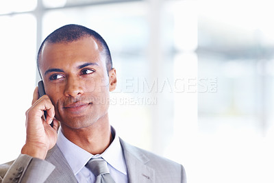 Buy stock photo Closeup of African American business man on phone call at office