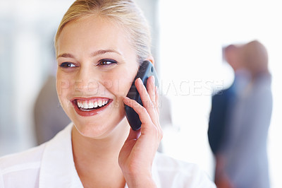 Buy stock photo Closeup of happy business woman on phone call with executives in background