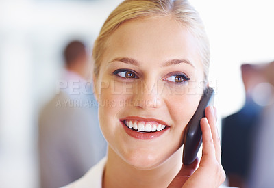 Buy stock photo Closeup of pretty business woman conversing on phone call with executives