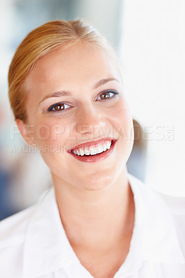Buy stock photo Closeup of attractive young business woman smiling with executives in background