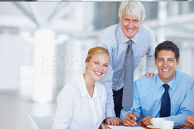 Buy stock photo Business people, team with ceo and business meeting portrait, smile and corporate company, worker and management. Manager, staff and collaboration at modern office, happy working together for career.