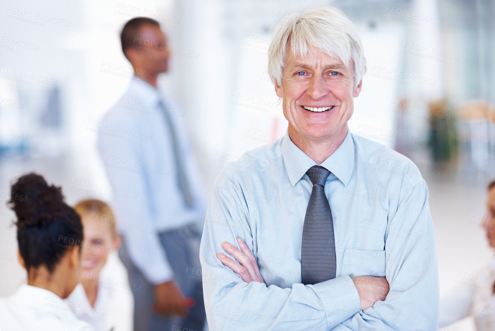 Buy stock photo Portrait, business and old man with arms crossed, pride and happiness in office. Face, people and employee with confidence, happy person or planning with startup, coaching and funny with professional