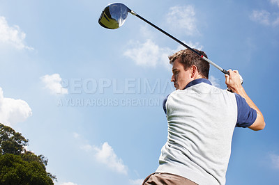 Buy stock photo Sports, golf course and man with swinging for game, training and practice for tournament match. Country club, male person or golfer with skills for championship, coordination and playing by blue sky