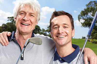 Buy stock photo Portrait, golf and father with son, embrace and grass field with fitness, recreation and health. Face, activity and family with game, hug and happiness with training, routine and hobby with sports