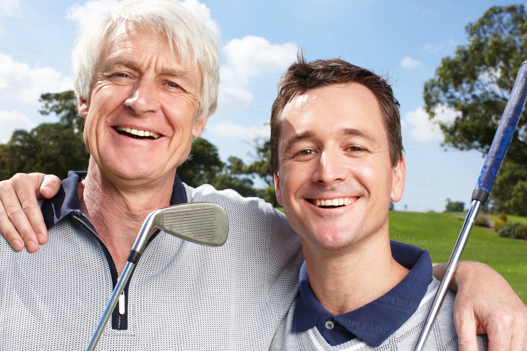 Buy stock photo Portrait, golf and father with son, embrace and grass field with fitness, recreation and health. Face, activity and family with game, hug and happiness with training, routine and hobby with sports