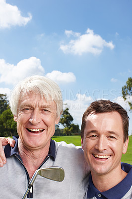 Buy stock photo Portrait, golfing and father with son, hug and grass field with fitness, bonding together and health. Face, family or people with sports, embrace and game with training, routine or hobby on course