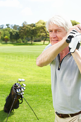 Buy stock photo Game, swing and mature man on golf course with club for outdoor exercise, fitness and challenge in morning. Sports, play and golfer on green grass for competition, relax and fun on retirement holiday