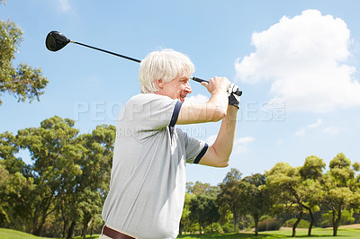 Buy stock photo Elderly man, swing and golf course for sports, club and outdoor fitness for competition or games. Male person, tournament and precision for practice training, exercise and challenge in retirement