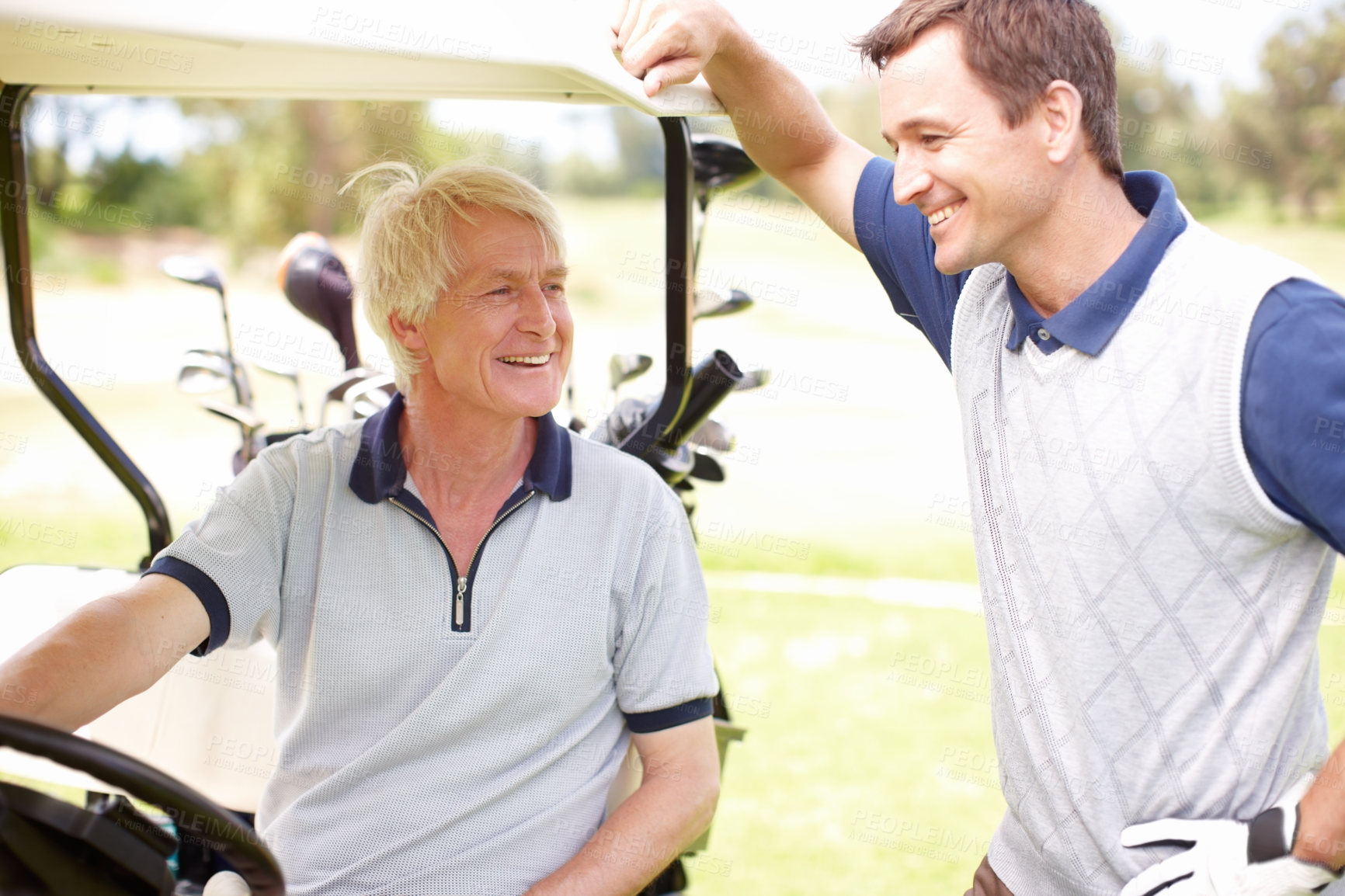 Buy stock photo Smile, chat and men in golf cart together for game, outdoor bonding and fitness on weekend morning. Love, senior dad and son in buggy for sports transport, health and wellness with fun exercise.