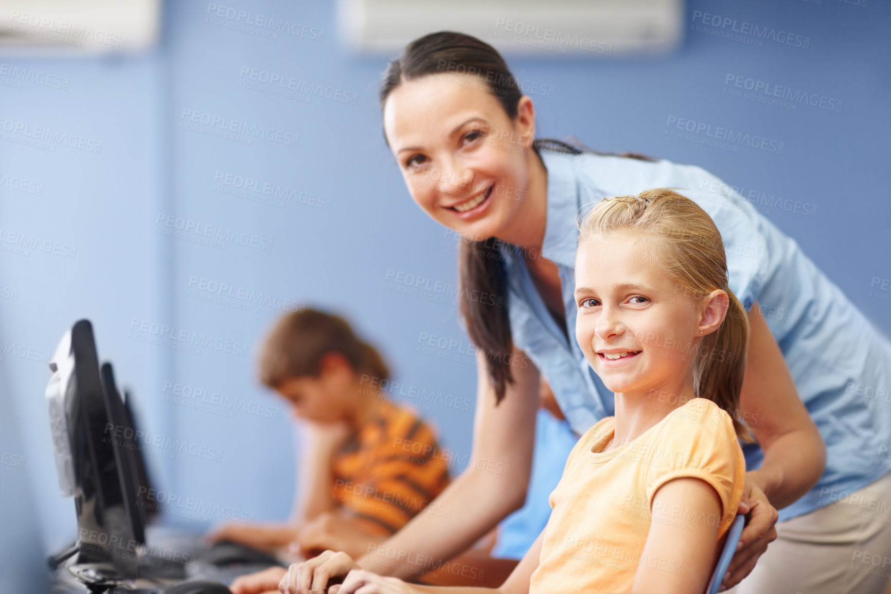 Buy stock photo Portrait, teacher and children in classroom, computer and teaching of students, coding and research. School, online and elearning with internet, education and woman with girl and studying of robotics