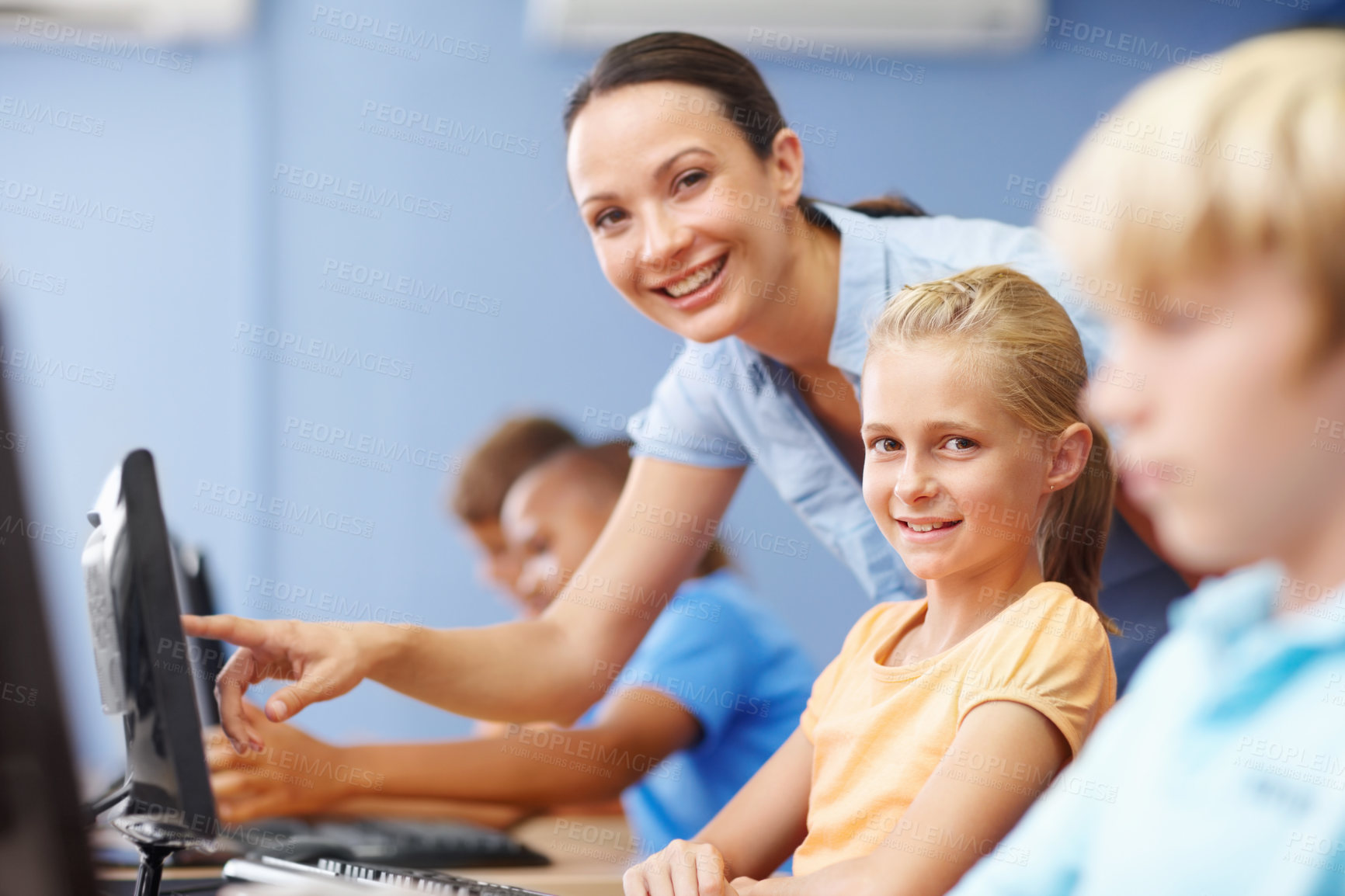 Buy stock photo Portrait, woman and children in classroom, computer and teaching of students, coding and research. School, online and elearning with internet, education and teacher with girl and studying of robotics