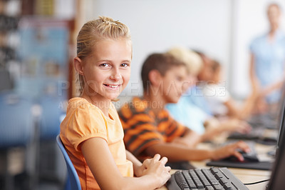 Buy stock photo Computer, education and portrait of student girl in classroom of school for learning or online study. Development, face and smile with happy kid at desk in class for future, growth or scholarship