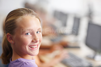 Buy stock photo Portrait of a cute schoolgirl in computer class