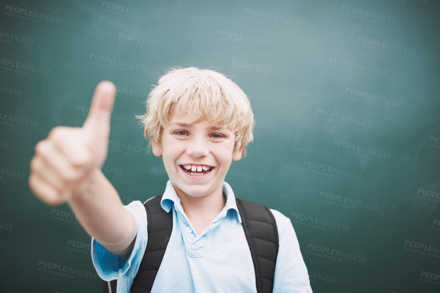 Buy stock photo Portrait, happy kid and thumbs up by chalkboard for learning, quality education and success. Face, school child and boy with like hand gesture for agreement, yes and student recommend scholarship