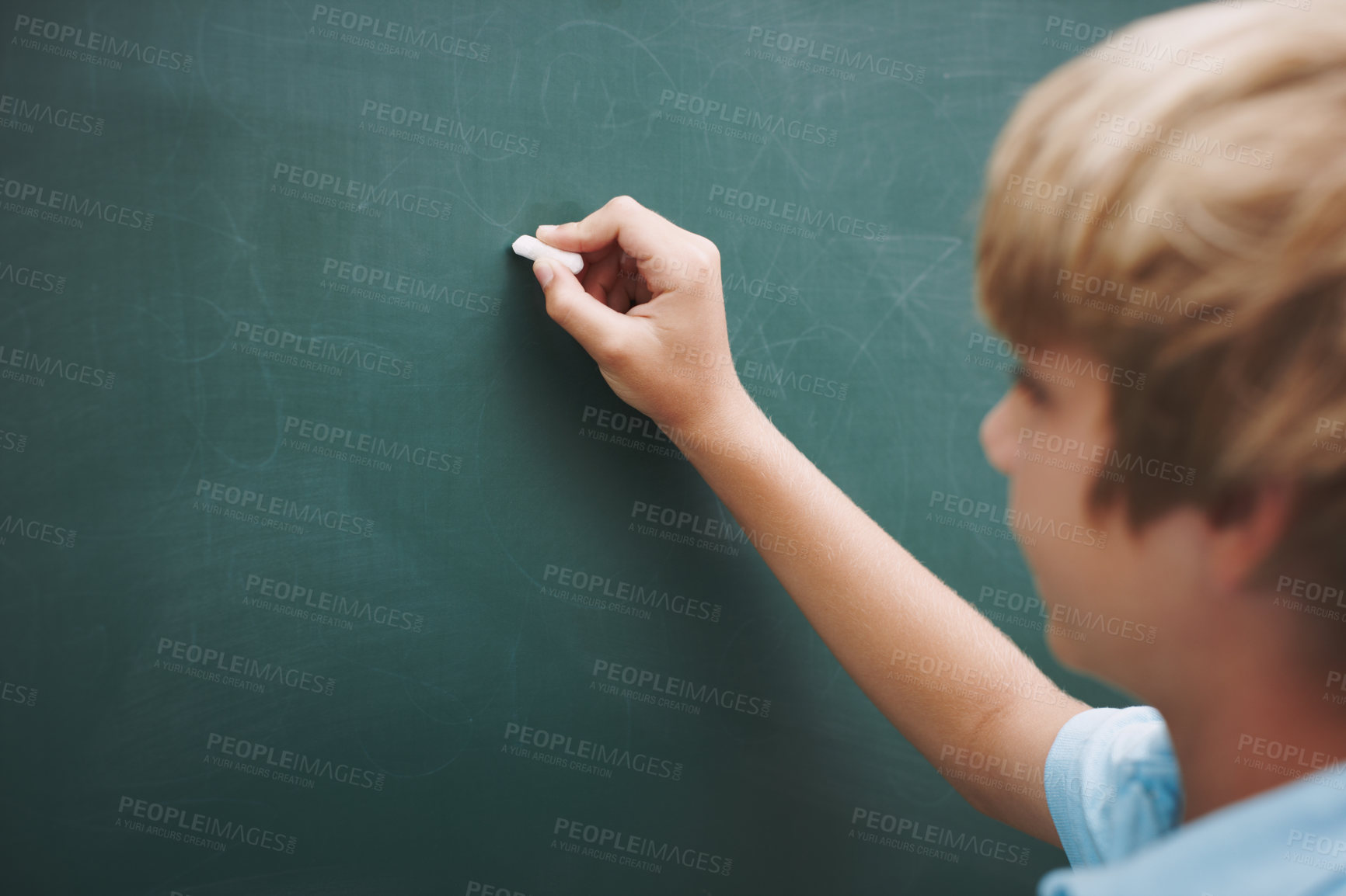 Buy stock photo Student, boy and writing on chalkboard in classroom with problem solving, education or learning development. Scholarship, child and answer question with mockup space, studying or assessment at school