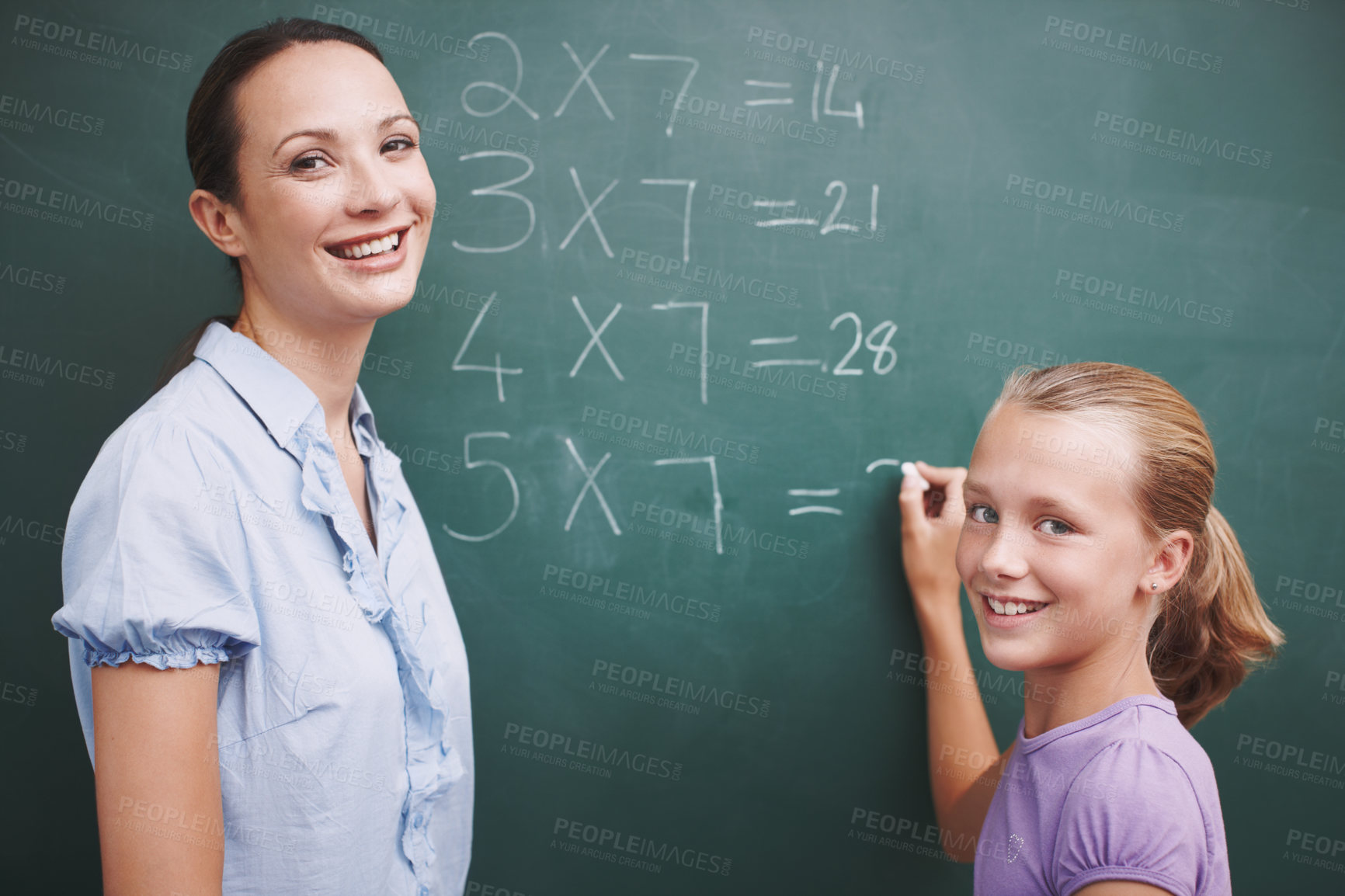 Buy stock photo Math, teacher and girl portrait at chalkboard in classroom for solving number problem and answer question. Lesson, student and solution for multiplication at school with scholarship, quiz or learning