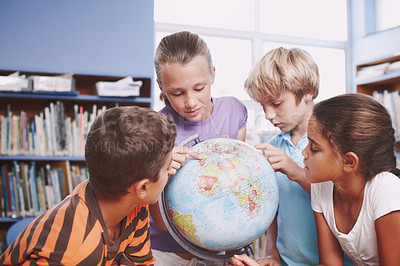 Buy stock photo World map, students and group in classroom, globe and conversation with knowledge, learning and answer. Geography, kids and friends in school, children or studying with happiness, questions or global