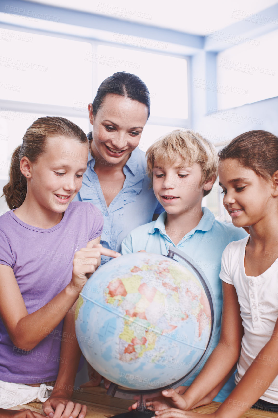 Buy stock photo World map, teacher and students with education, globe and conversation with knowledge, help and talking. Geography, woman and kids in school, children or studying with advice, answer and learning